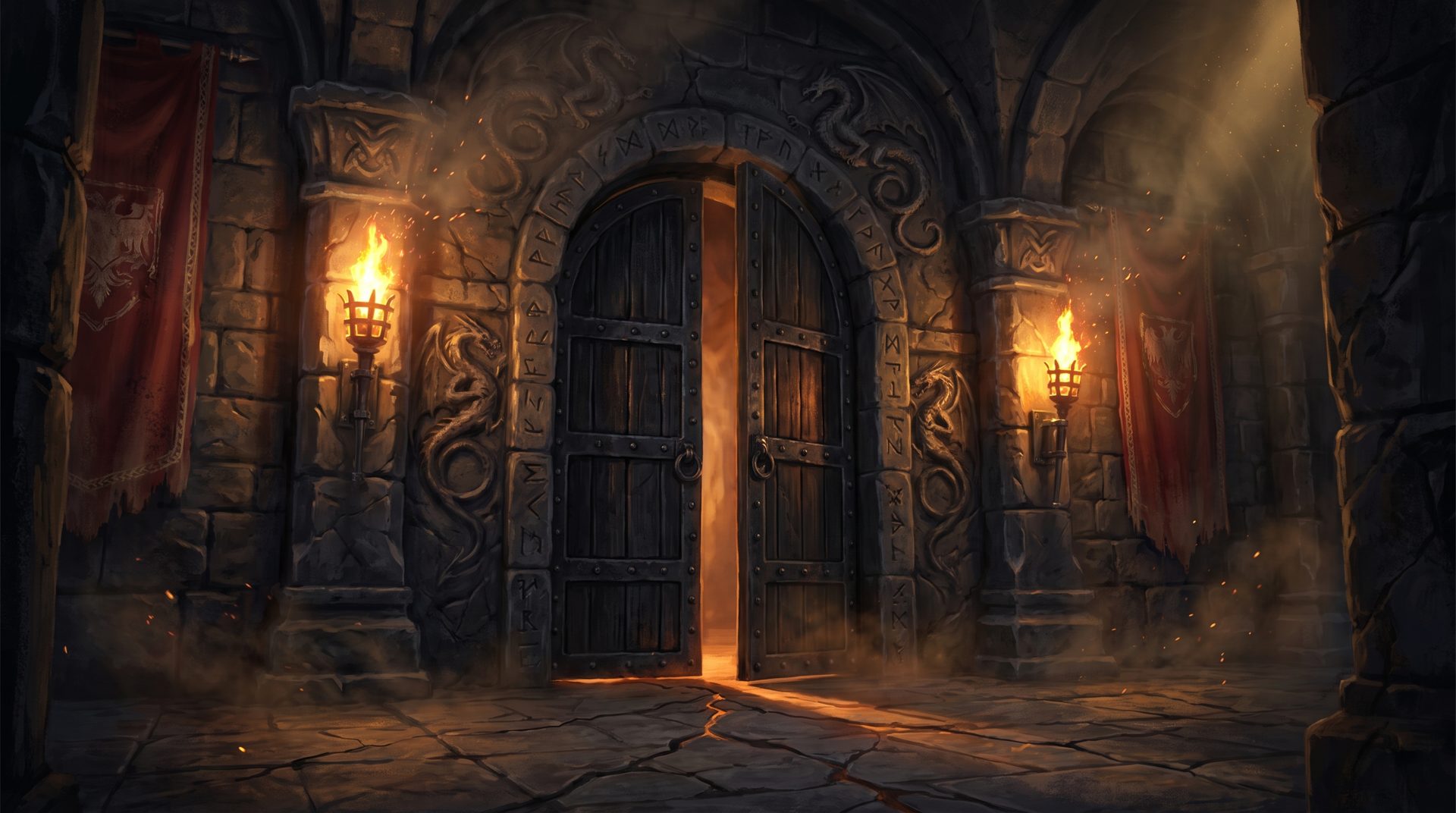A torchlit dungeon door stands ajar, runes and dragon reliefs carved into the arch